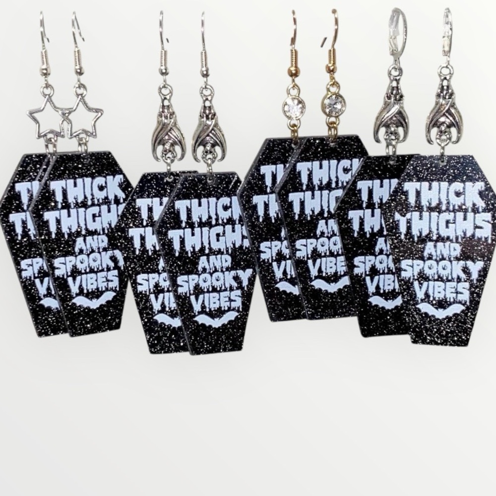 Thick Thighs Spooky Vibes Black and White Coffin Earrings